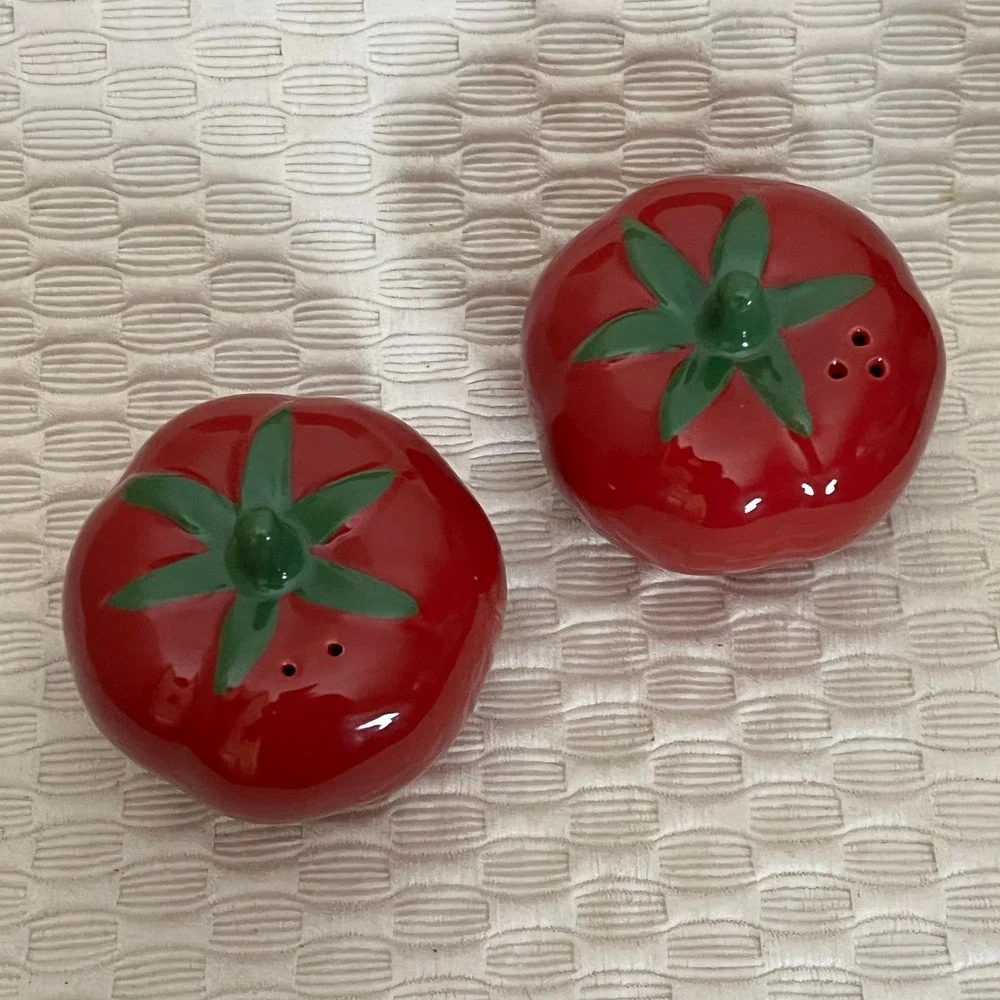 Vintage Red Tomato Salt and Pepper Shakers Ceramic Kitsch Cottagecore Decor Set